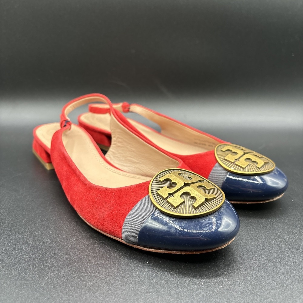 Tory Burch Alastair Slingback Heels Women's 7.5 Red Suede Classic Logo Medallion